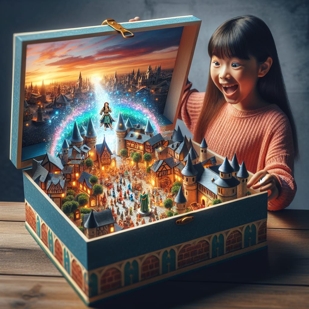 Asian Girl Discovering Medieval Portal in Toy Box
