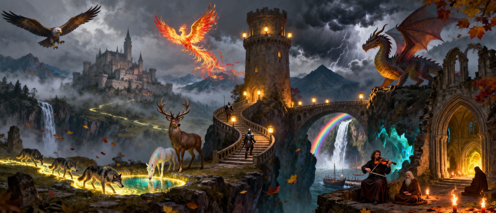 Epic Fantasy Fortress in Misty Valley with Mythical Creature...