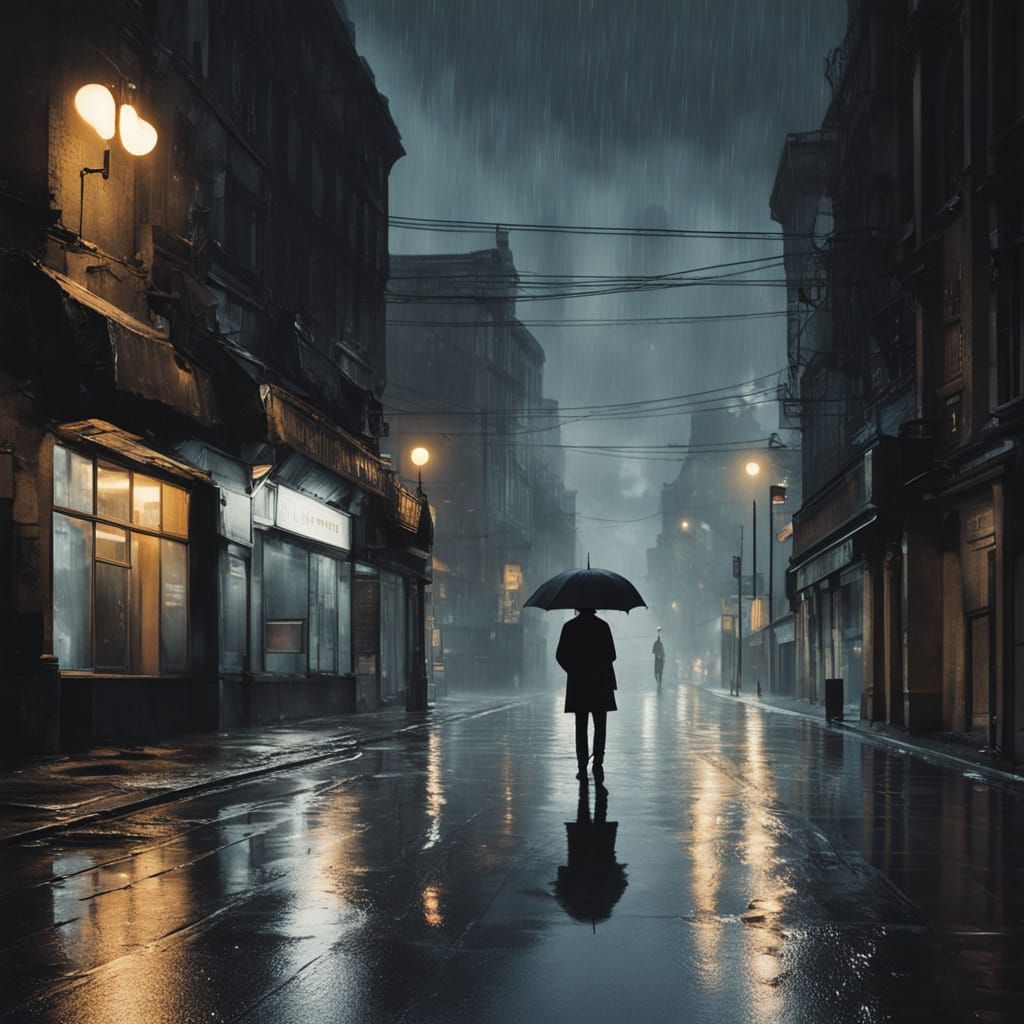 Moody Film Noir Scene: Lone Figure in Rainy Urban Landscape