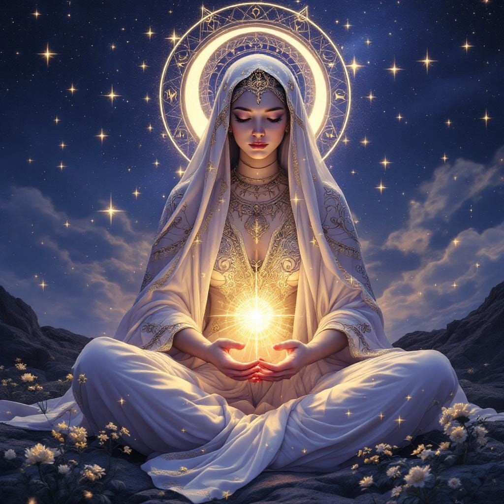 Celestial Veiled Figure Meditating Under Crescent Moon