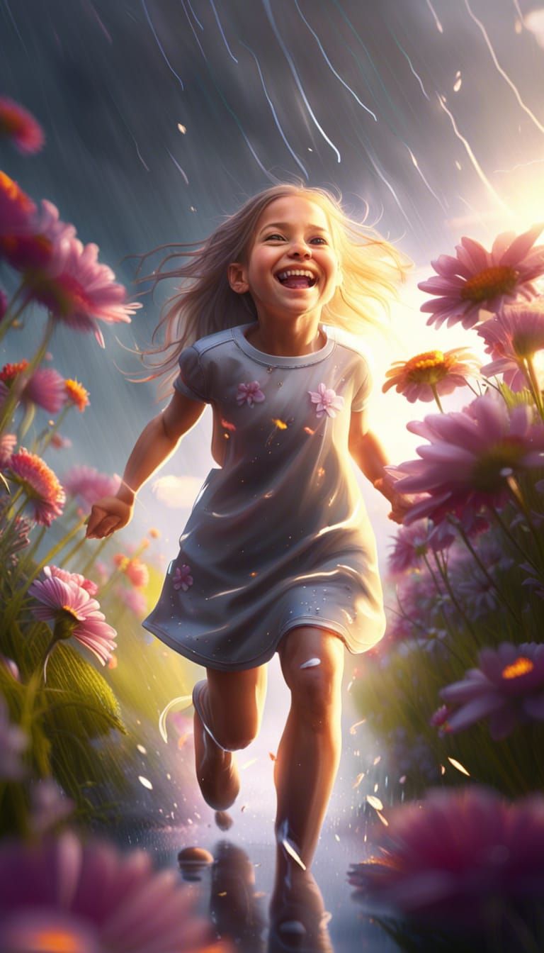 Happy Girl Playing After Rain in a Flower Garden
