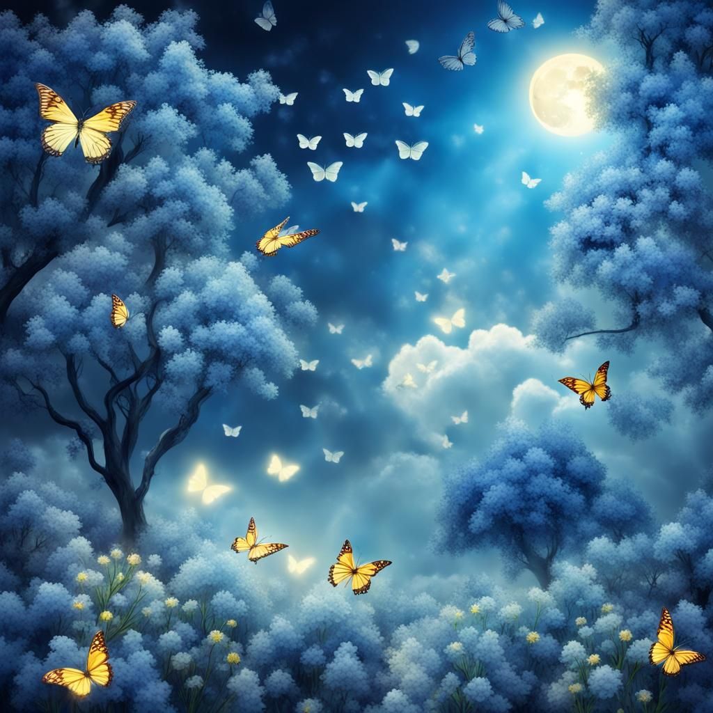 Moonlit Blue Trees with Butterflies and Flowers