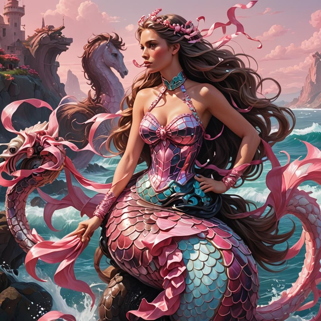 Italian Mermaid Riding Seahorse in Fantasy Cityscape