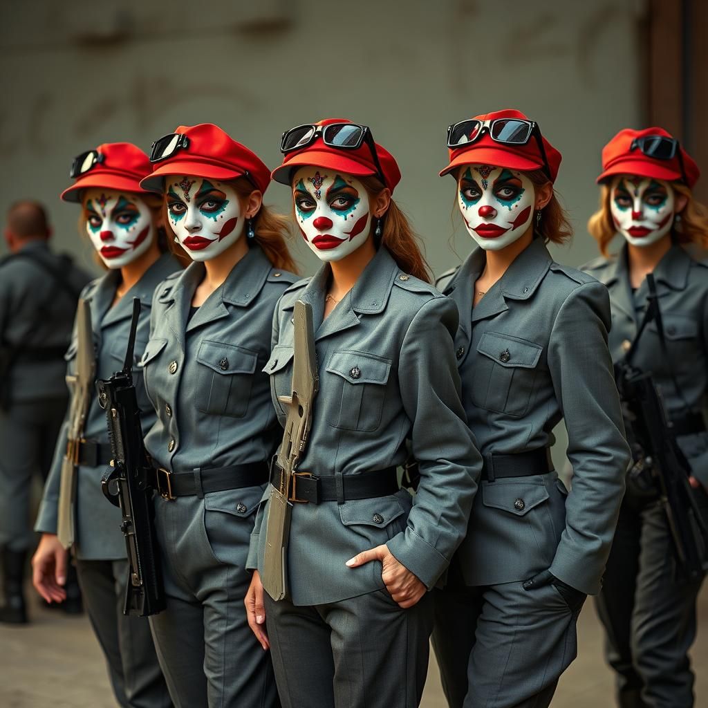 Clown Women in Military Attire: A Cinematic Vision