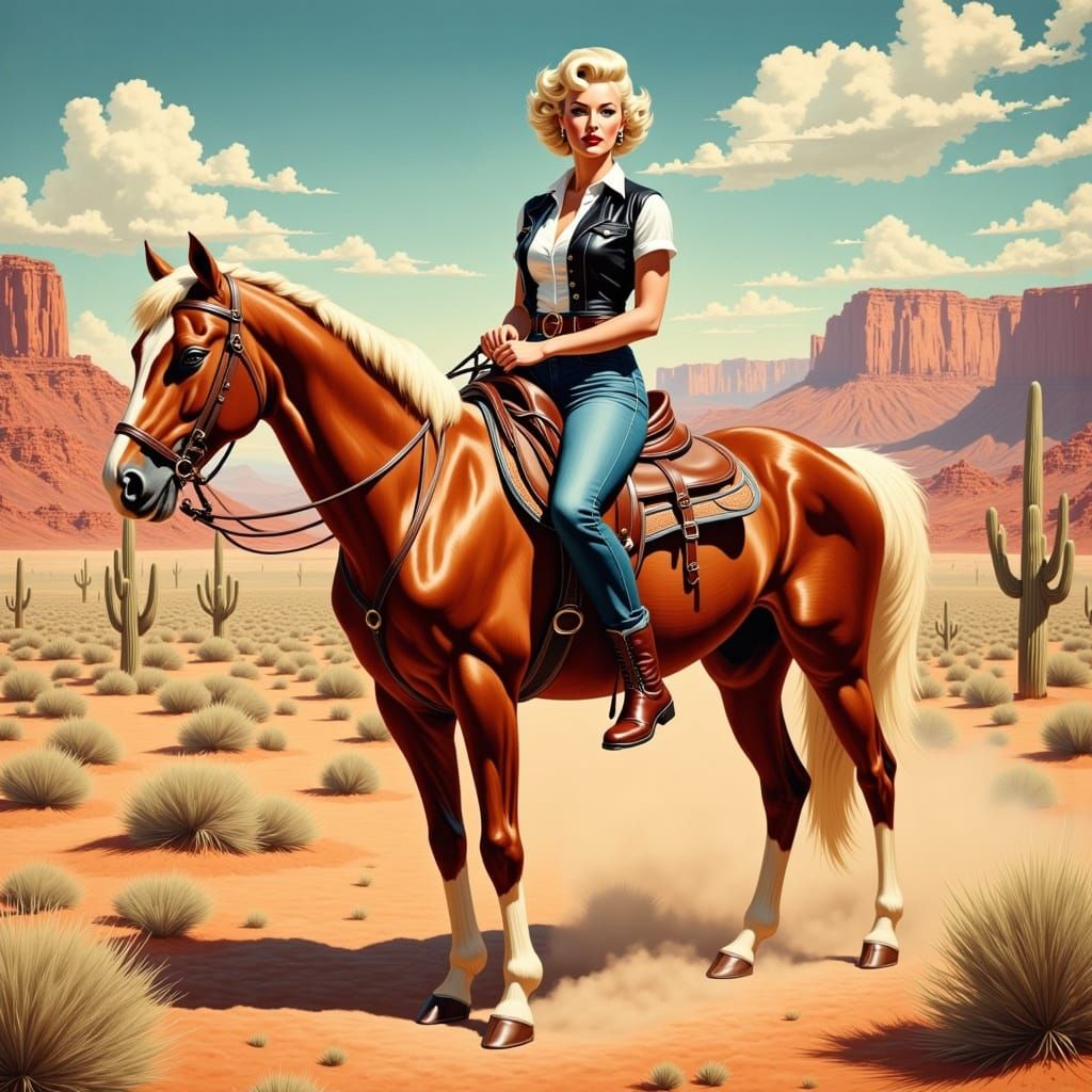 Retro Glamour Woman Rides Horse Through Arizona Desert in 19...