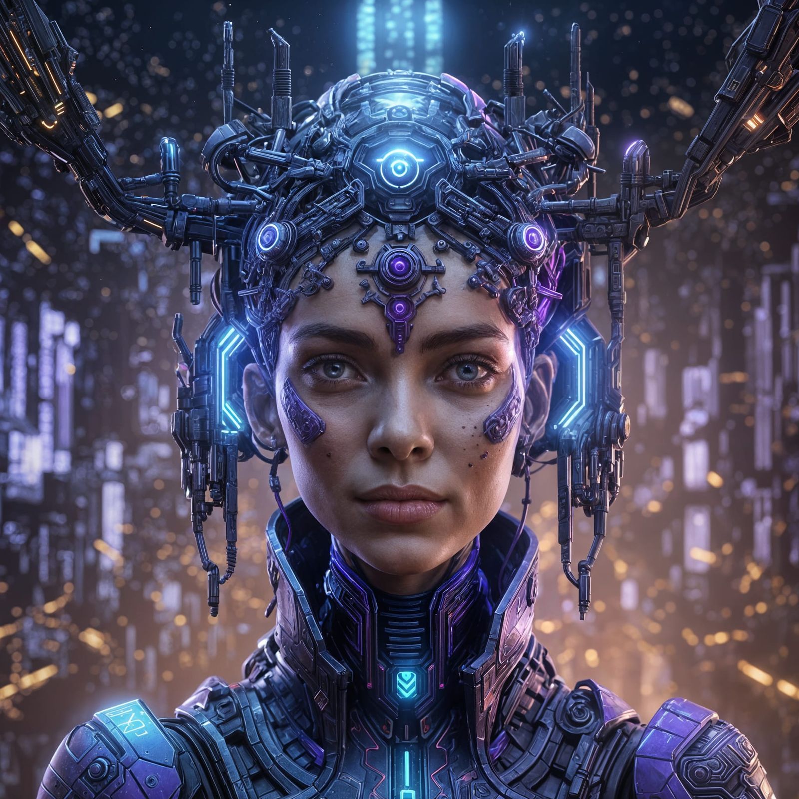 Smiling Android with Purple Eyes in Detailed Digital Art