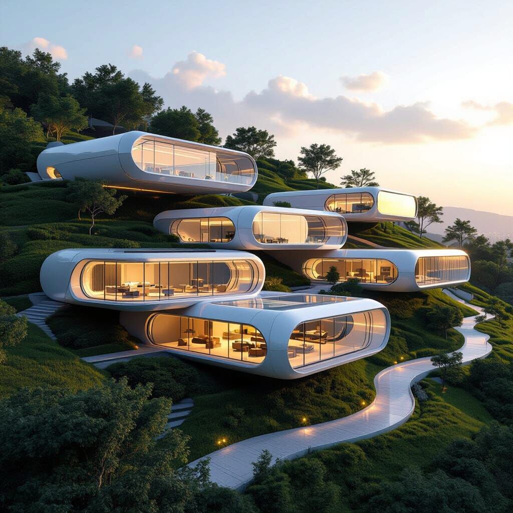 Modern Stepped Buildings Connected by Glass Tubes on Slope