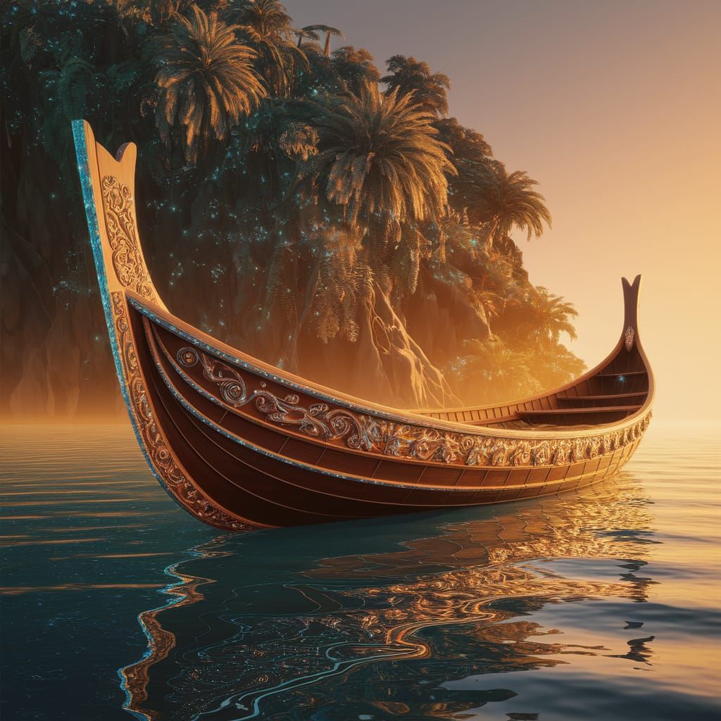 Wooden Longboat in Tranquil Harbour, Mixed Media Art