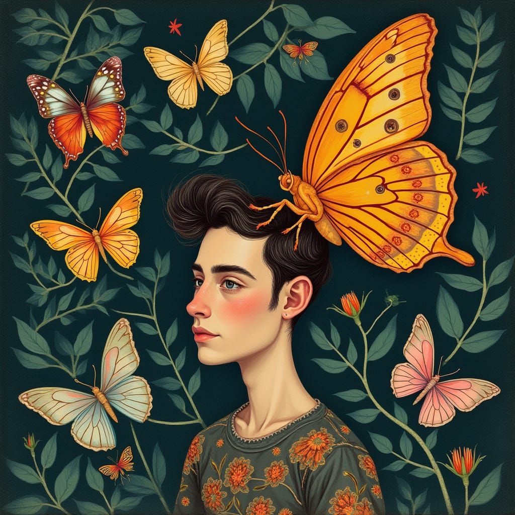 Man Surrounded by Butterflies in Jungle Art