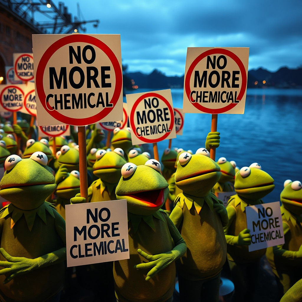 Frog Puppet Protest Near Lake with Signs