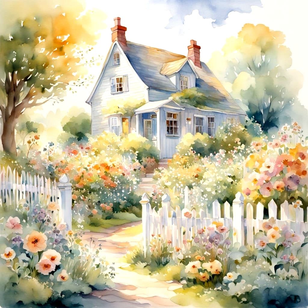 Charming Cottage Scene in Watercolor Style