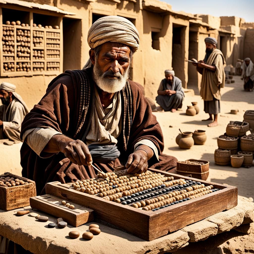 Mesopotamian Merchant Calculates Fees with Abacus