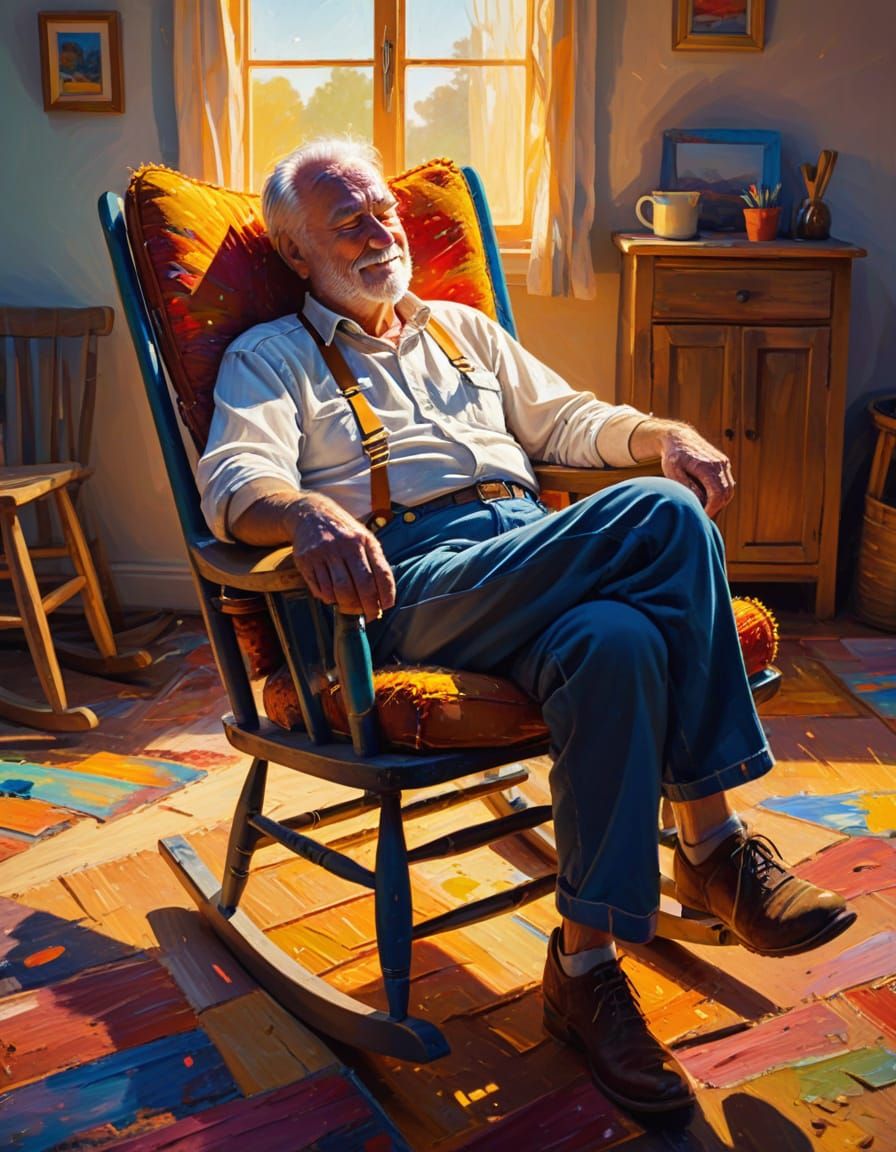Farmer Sleeping in Rocking Chair as Expressionist Painting