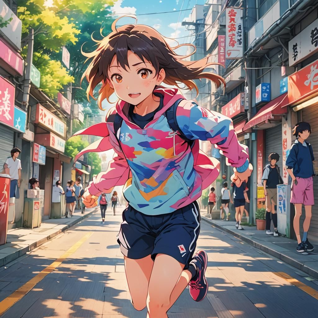 Energetic Anime Girl Running in Sunlight