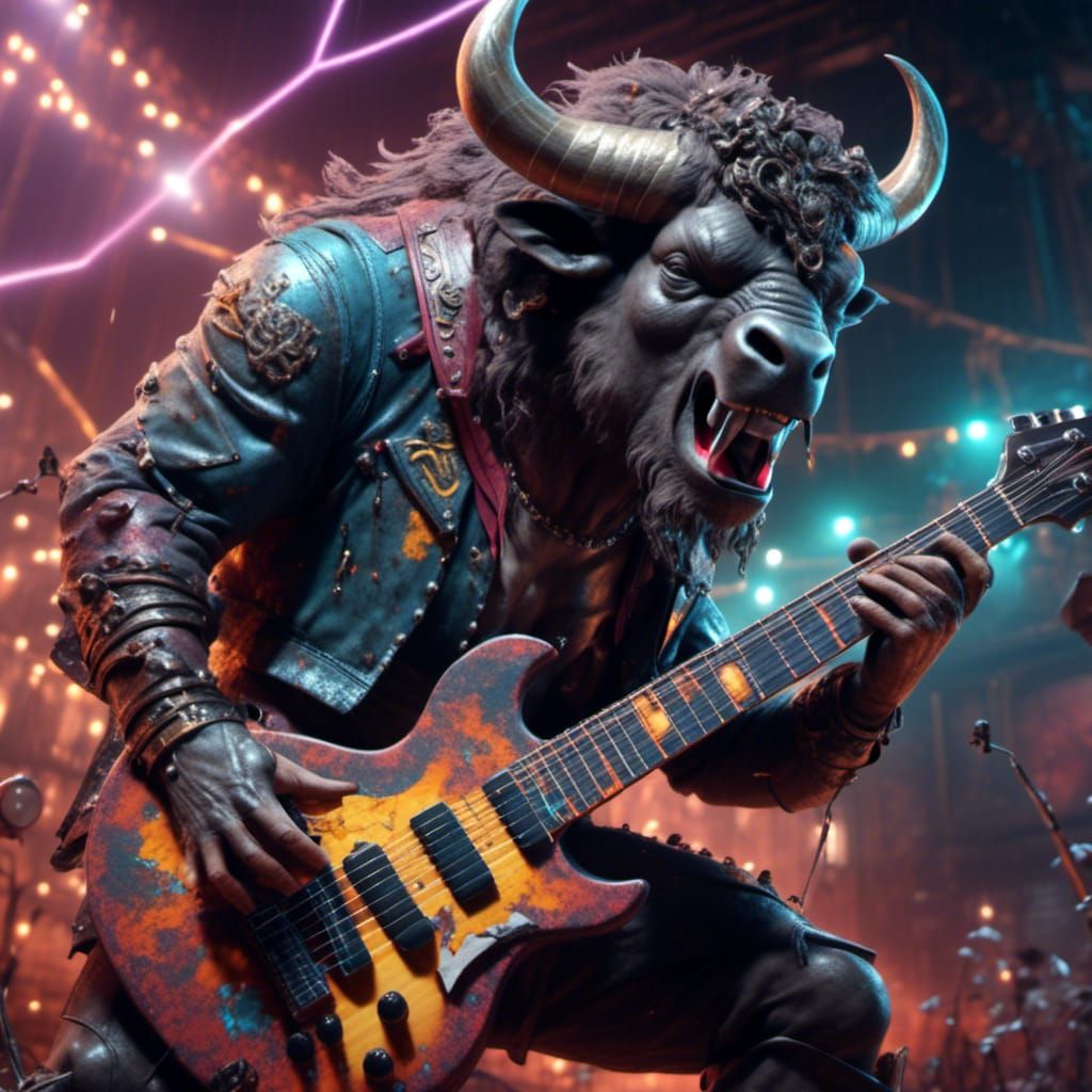 Punk Rock Buffalo Plays Guitar: Detailed Digital Art