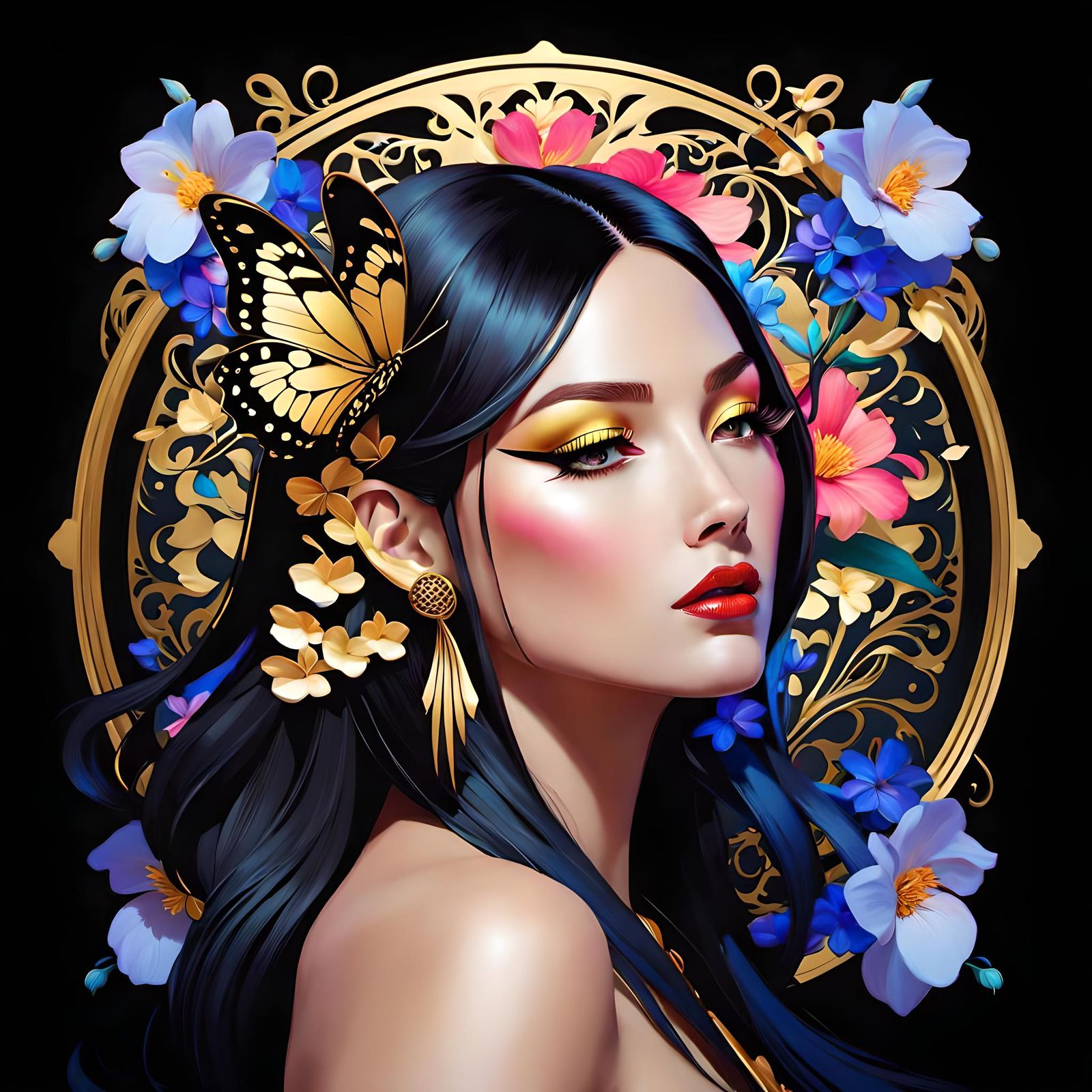 Girl with Butterfly and Flowers in Surrealist Style