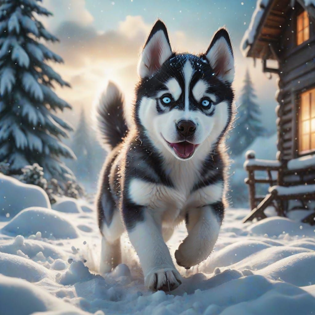 Stunning Snowy Husky Puppy Scene in Dramatic Maximalist Styl...
