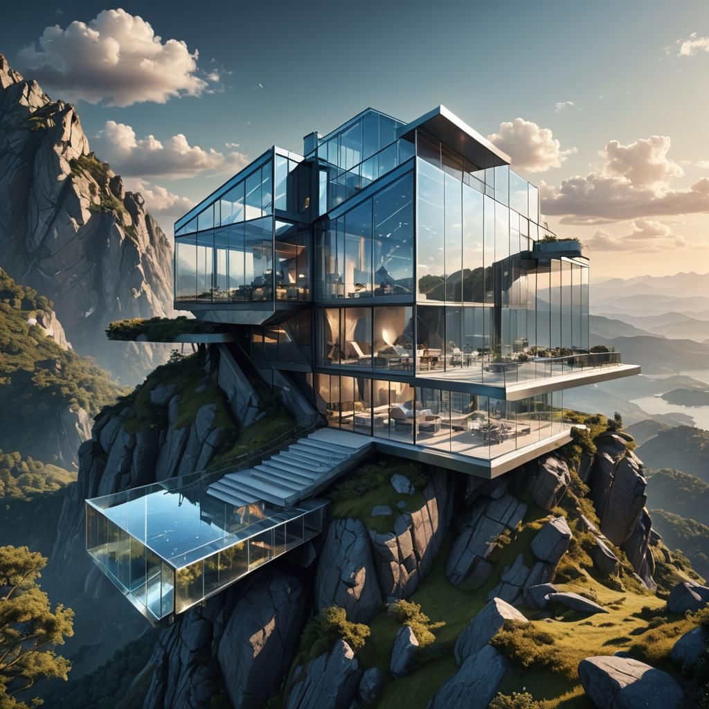 Asymmetrical Glass Mansion on Mountaintop in Sci-Fi Style