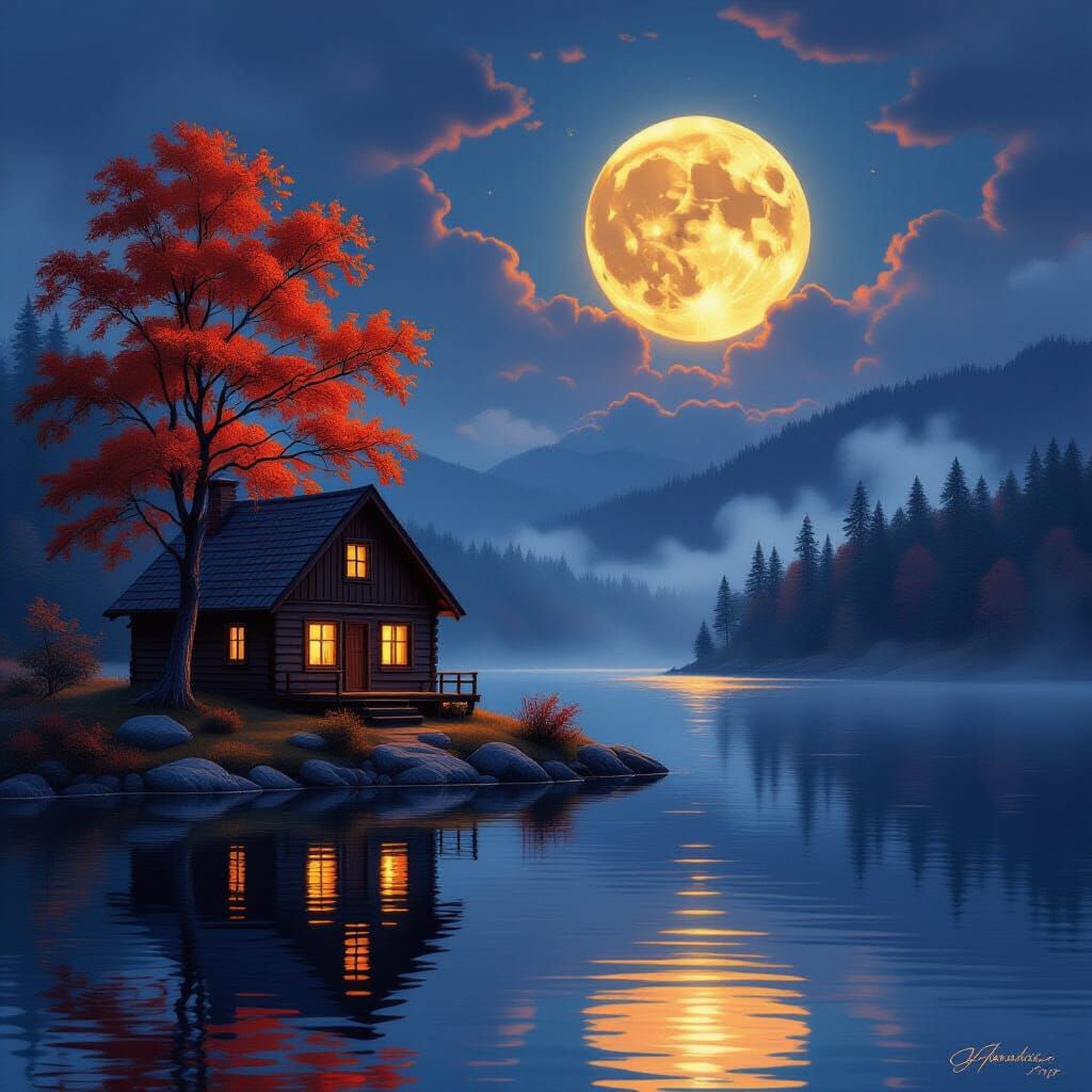 Cozy Cabin Island Under Full Moon in Autumn
