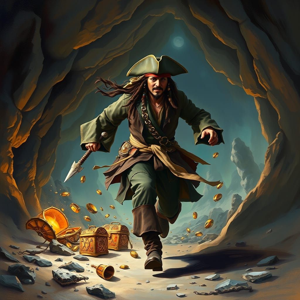 Captain Jack Sparrow's Perilous Escape: Digital Oil Painting