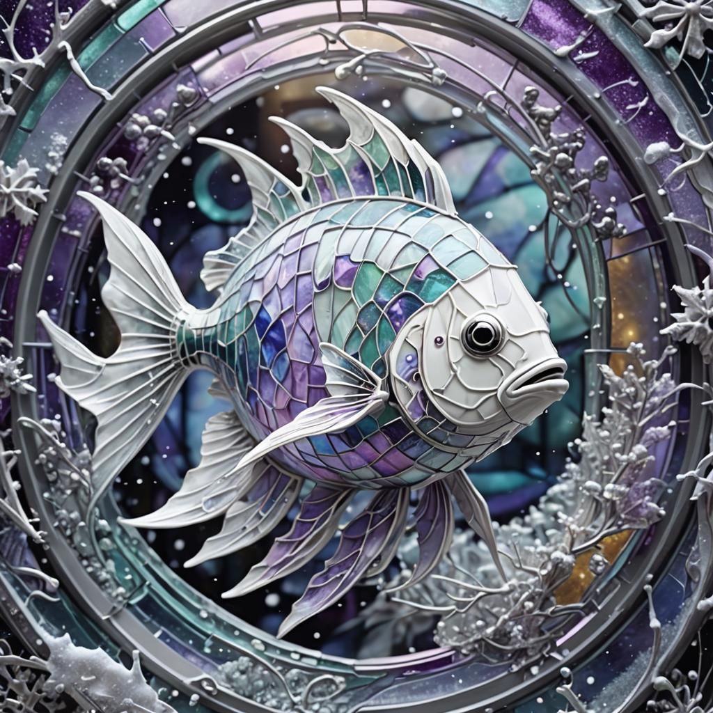 Stained Glass Biomechanical Fish in Snowy Landscape