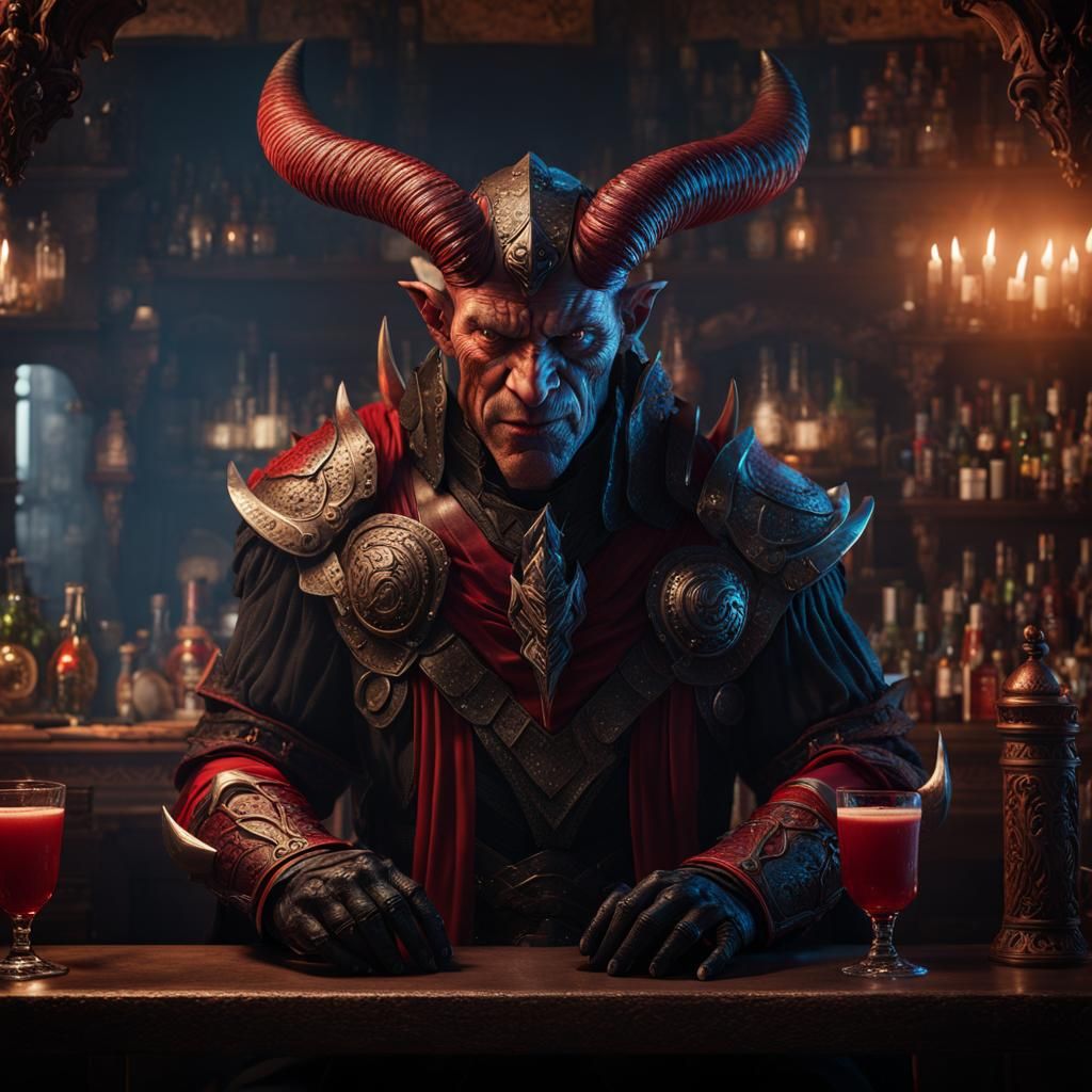 Intricate Demon Warrior at Medieval Bar