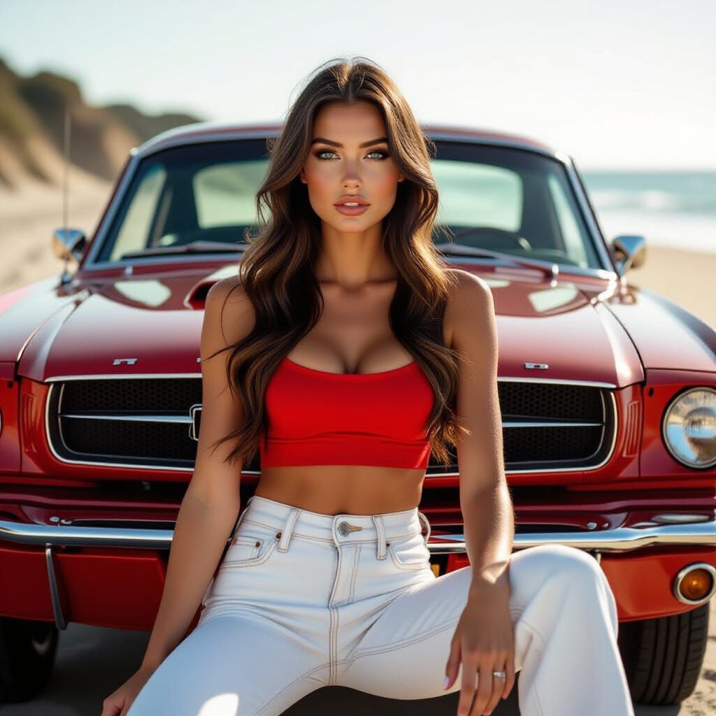 Woman on Mustang Car in Dramatic Lighting