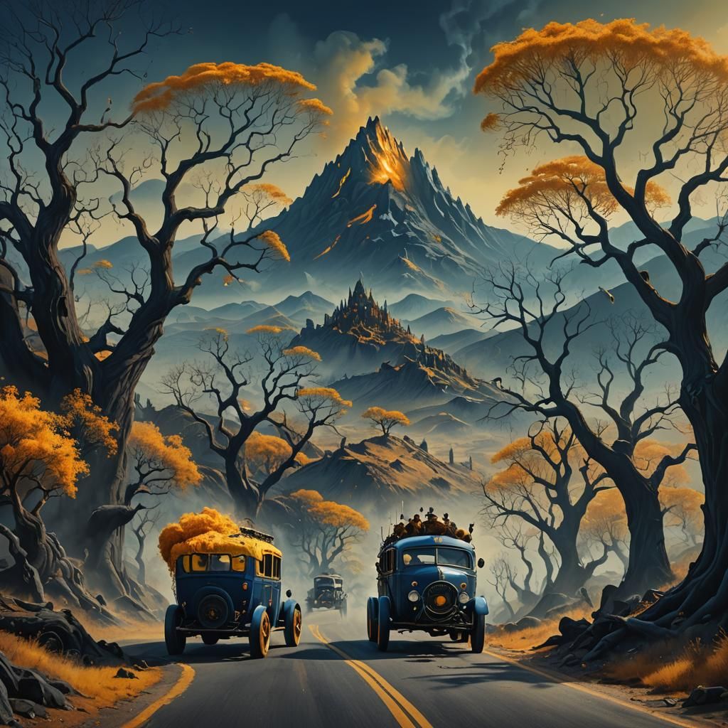 Surreal Creatures Approach Hill: Matte Painting in Blues and...