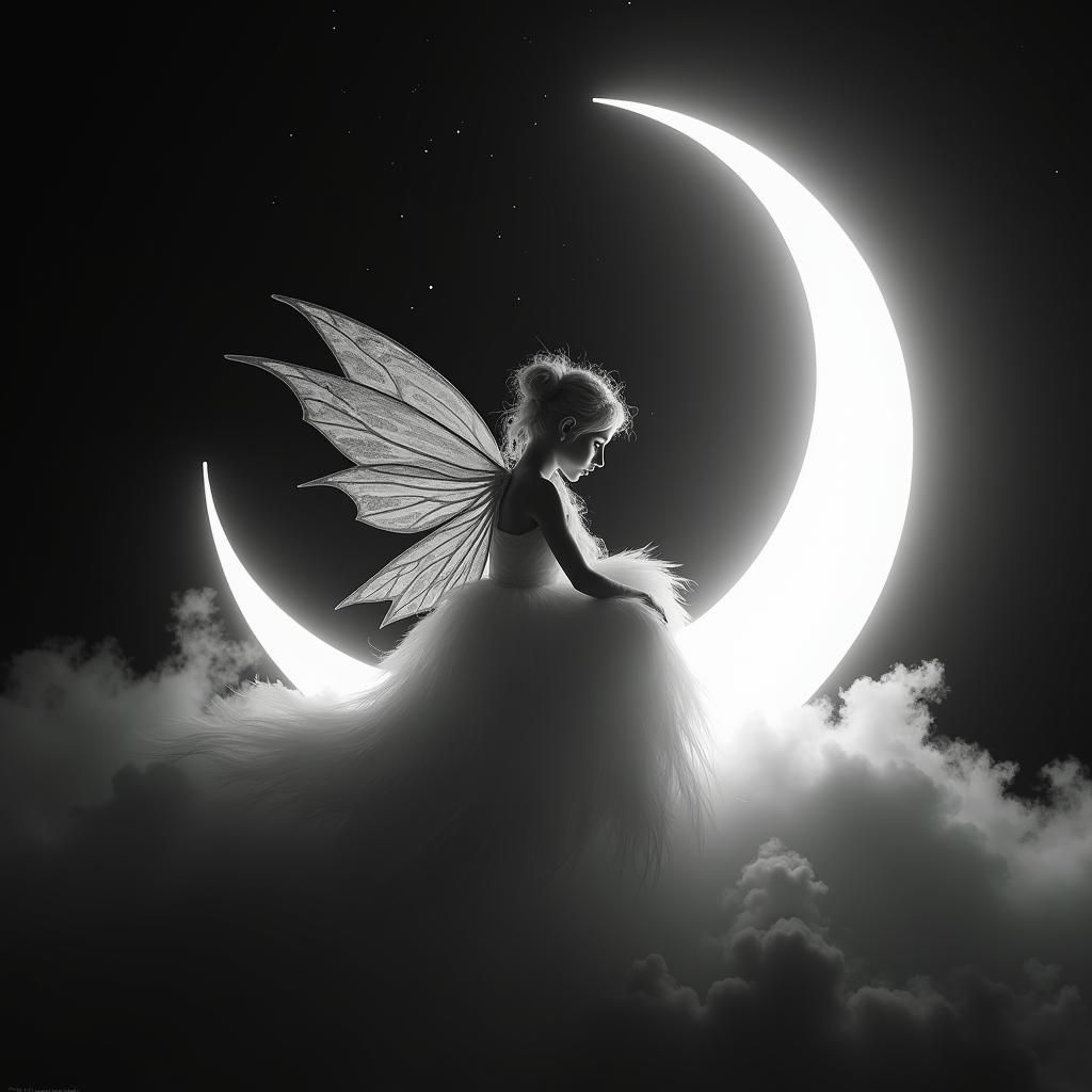Fairy on the Moon in Black and White Silhouette