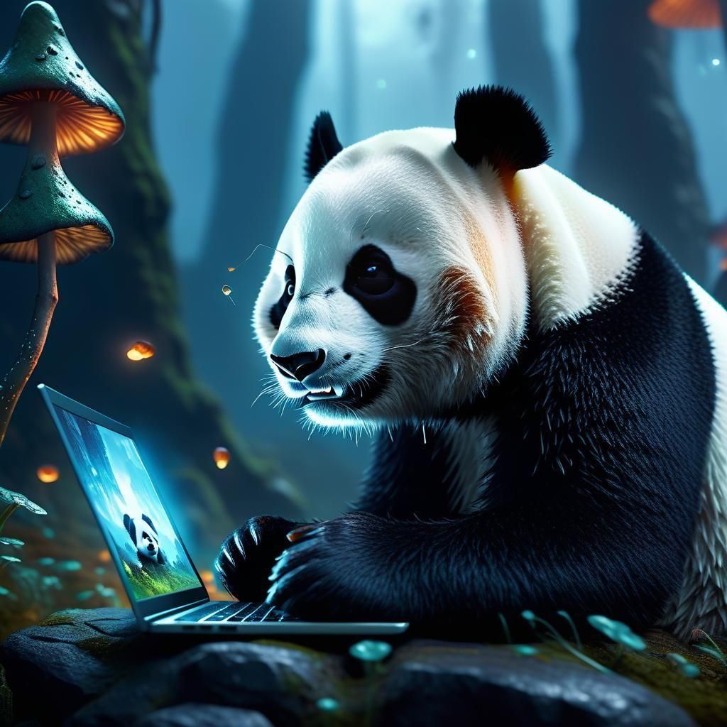 Panda Using Laptop, Detailed Matte Painting