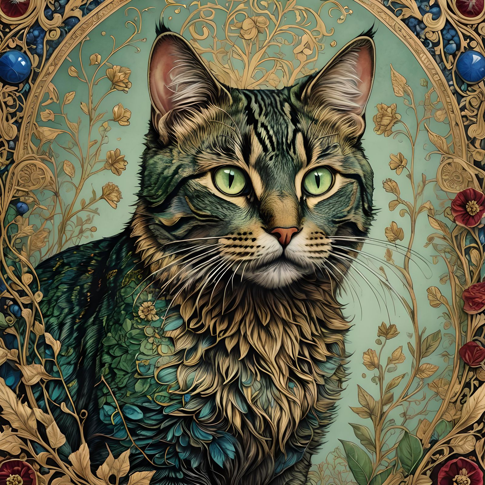 Botanical Etching of a Green-Eyed Cat with Filigree