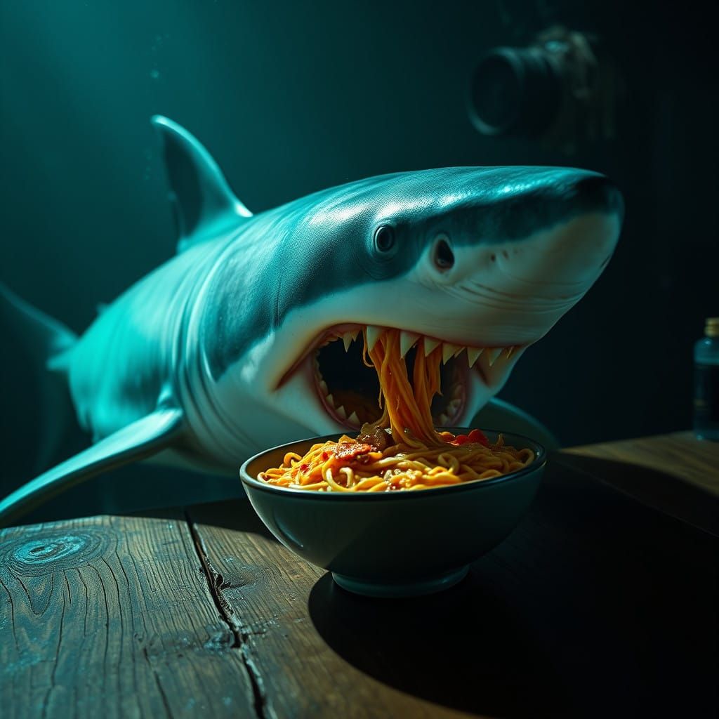 Great White Shark Savoring Noodle Feast in Moody Underwater....