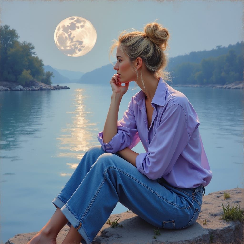Woman by Moonlight in Impressionistic Style