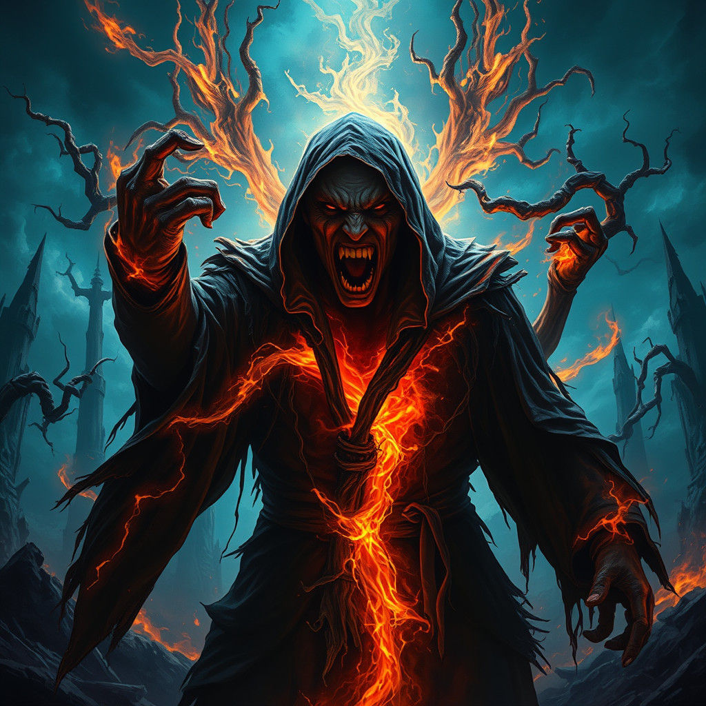 Furious Figure Threatens Demolition in Ruined Landscape