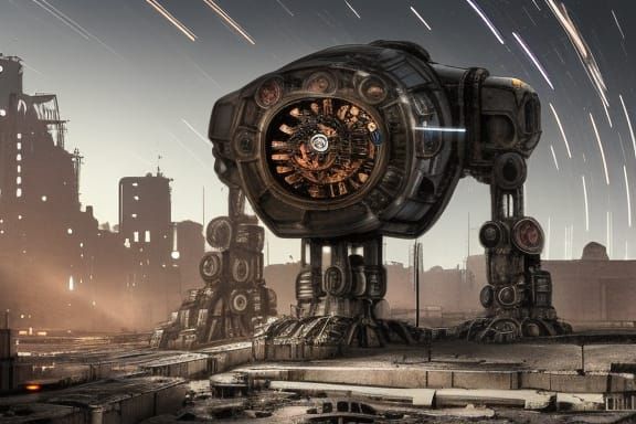 Clockwork Terminator in Dystopian City, Sci-Fi Art