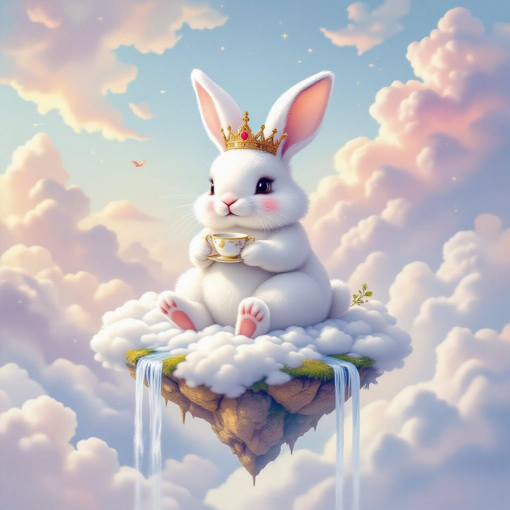 Giant Fluffy Rabbit in Crown on Cloud Island