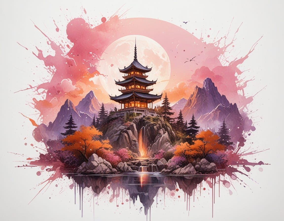 Fantasy Moonlit Landscape with East Asian Pagodas