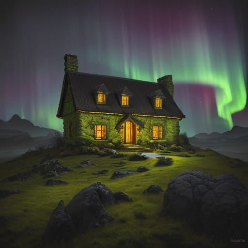 Alchemical Stone Cottage in Gouache Art Deco Style