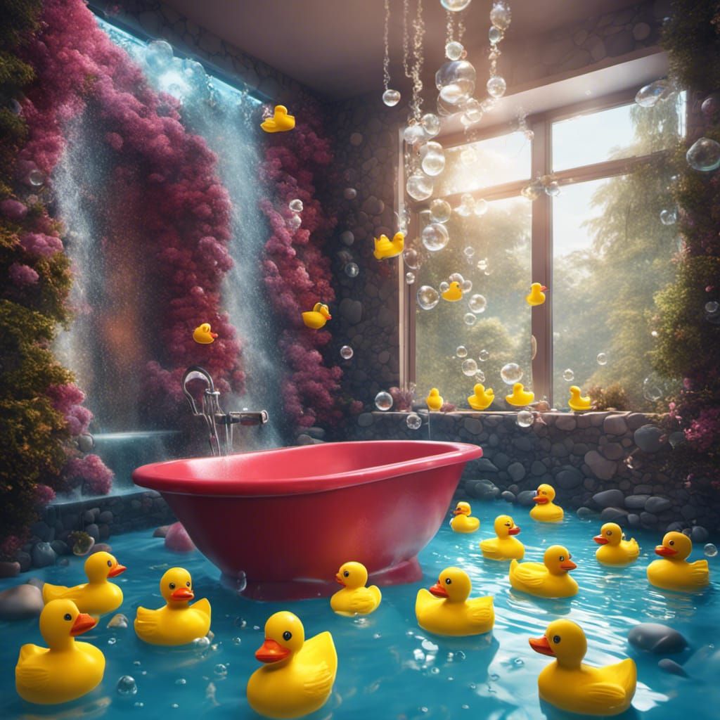 Vibrant Waterfall Bathroom with Rubber Ducks