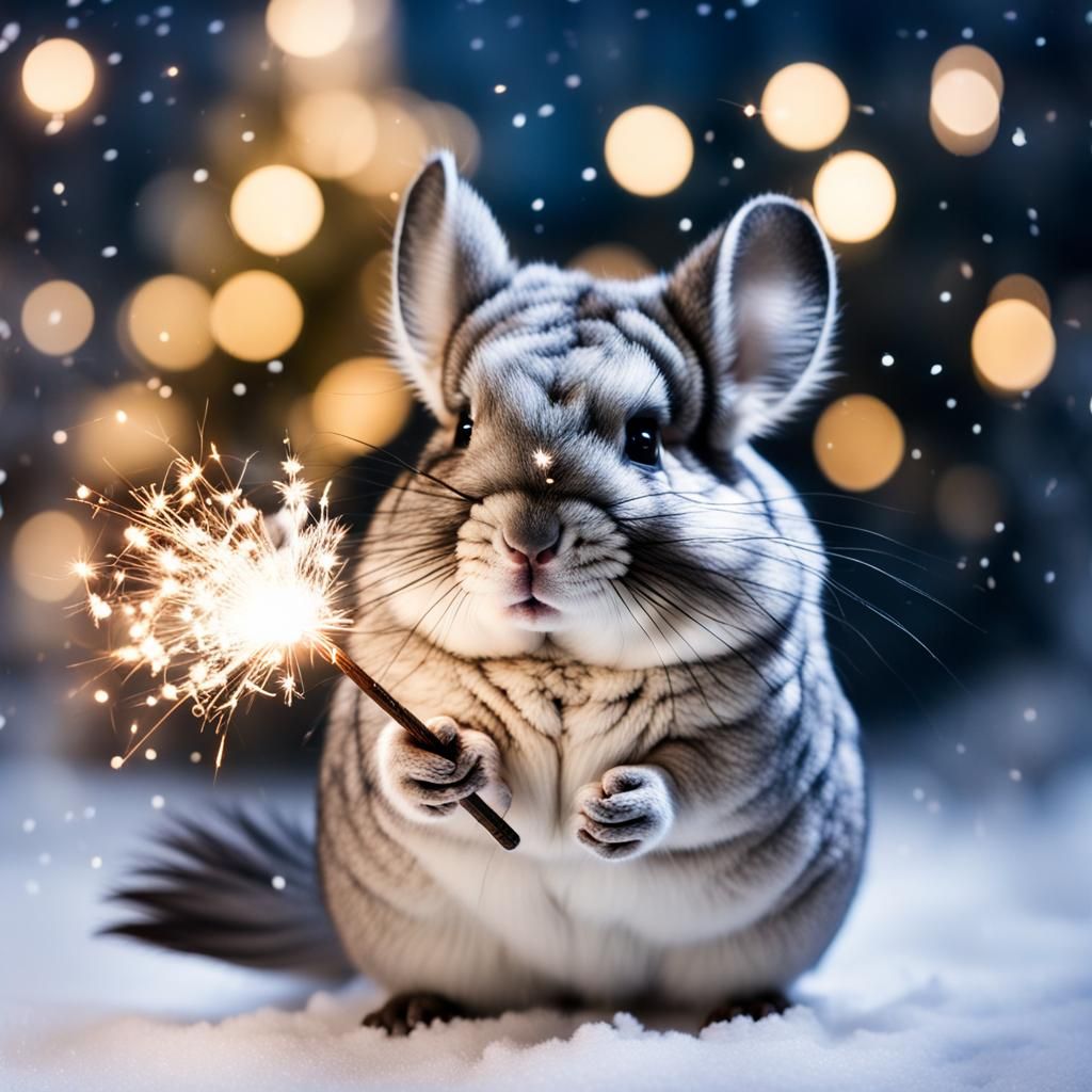 Chinchilla Sparkler Celebration in Snowy Spruce Forest
