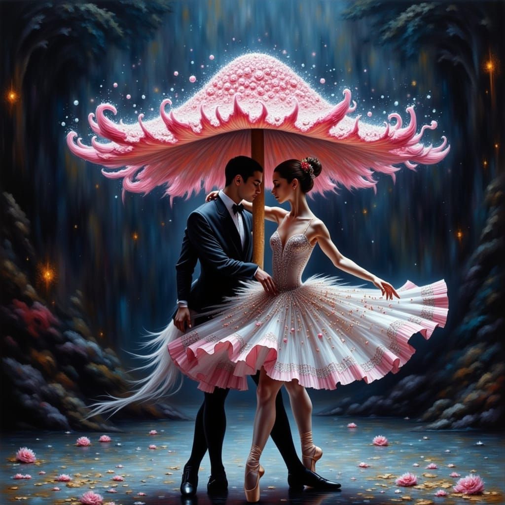 Giant Mushroom at Swan Lake Ballet in a Whimsical Art Style