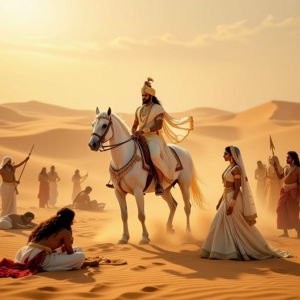 Kalki on White Horse in Divine Desert Landscape