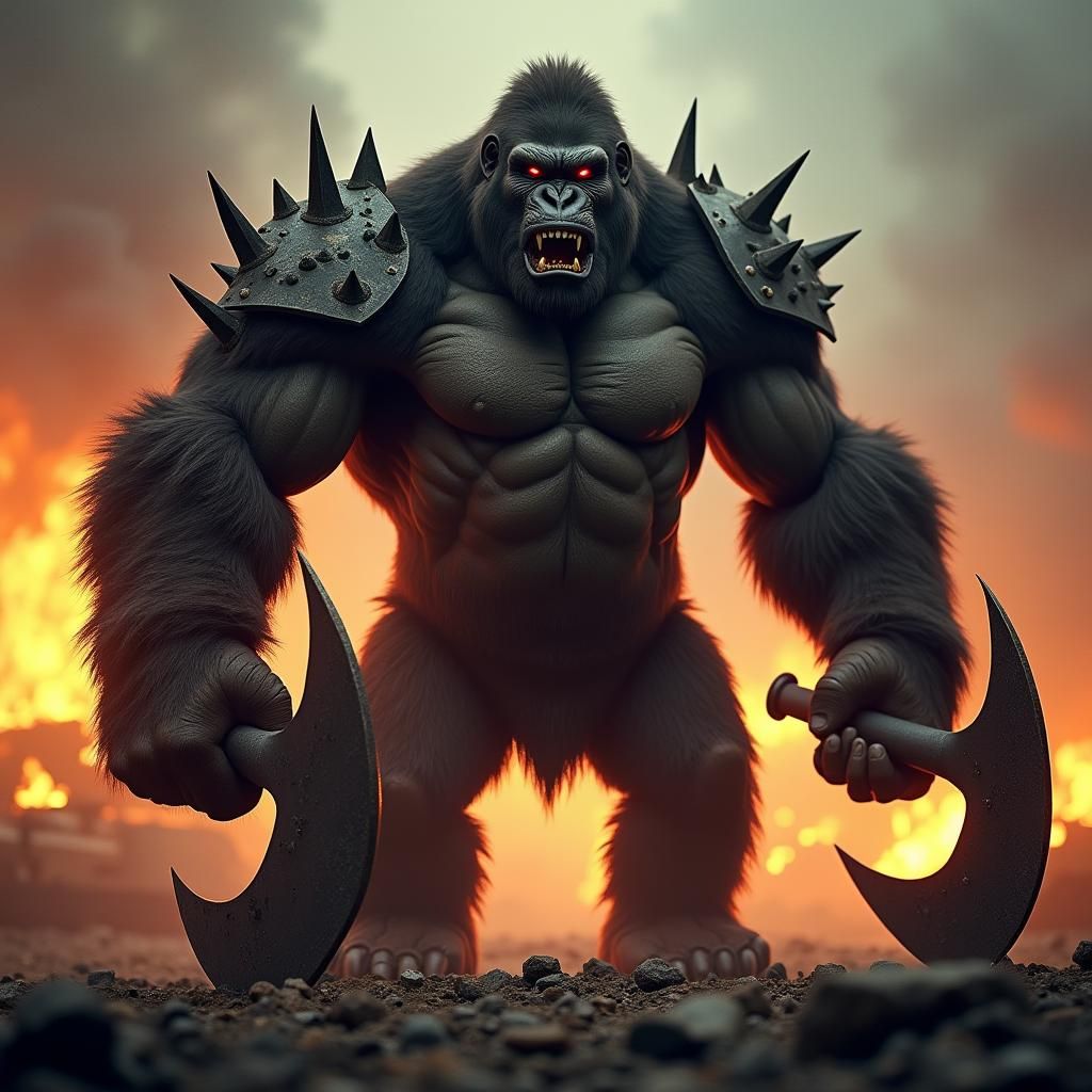 Menacing Gorilla Warrior in War-Torn Landscape