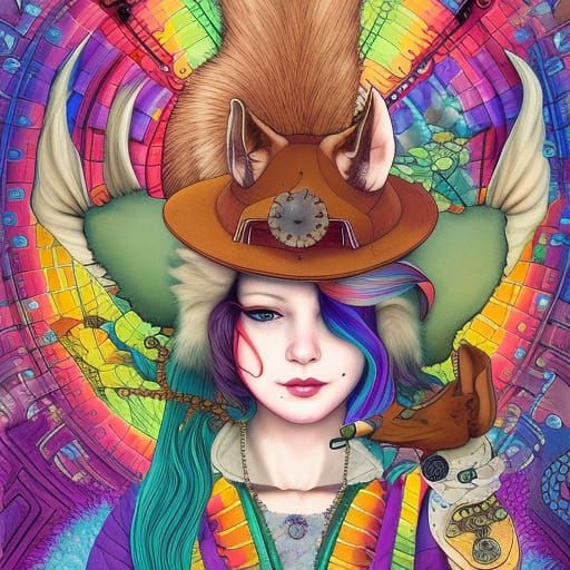 Steampunk Squirrel Time Traveler in Psychedelic Illustration