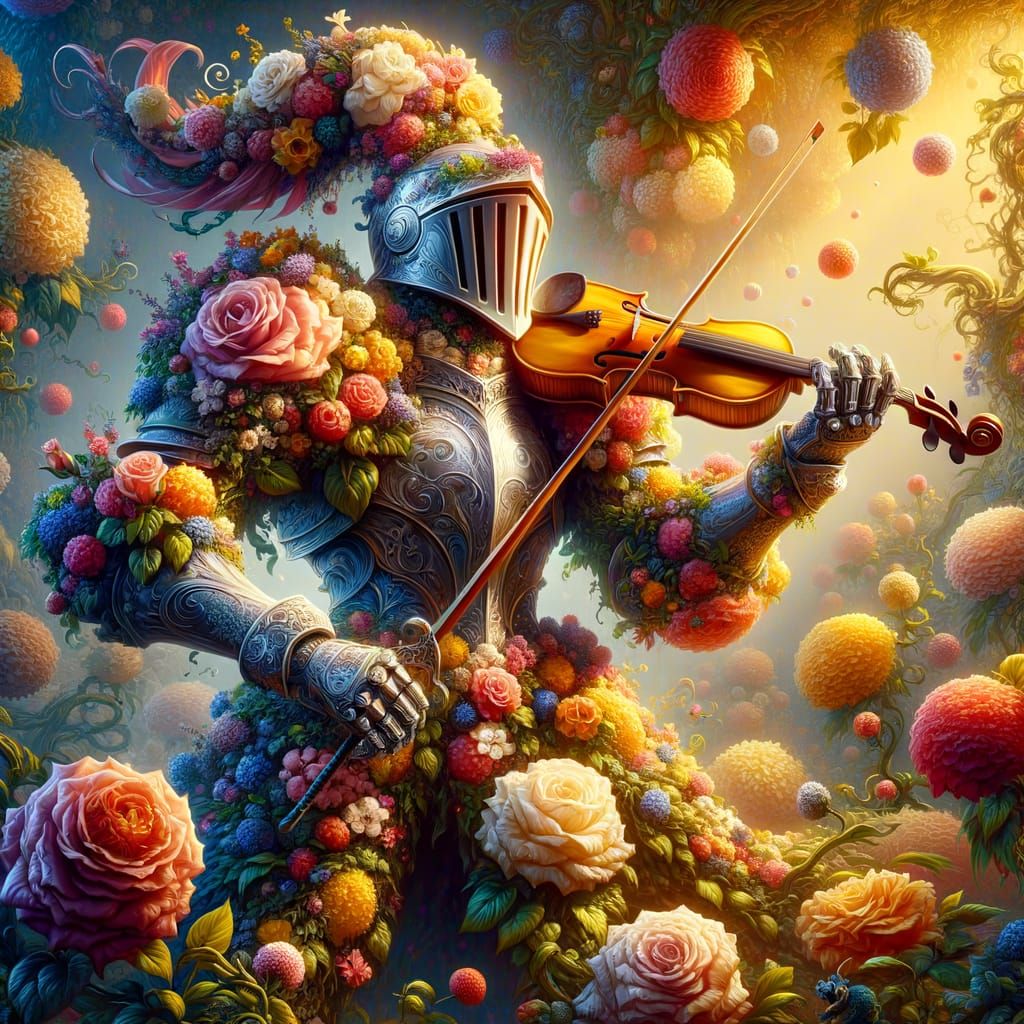 Knight in Flower Armor Wielding a Violin Sword