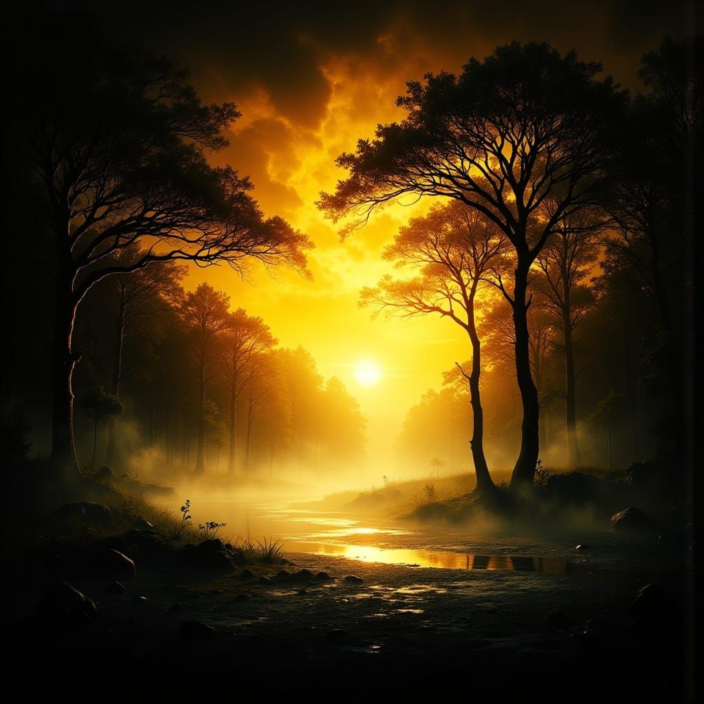 Misty River Landscape at Sundown in Warm Hues