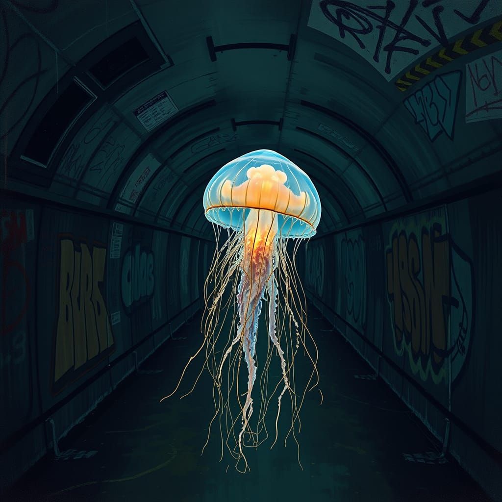 Bioluminescent Jellyfish in Subway Tunnel Art
