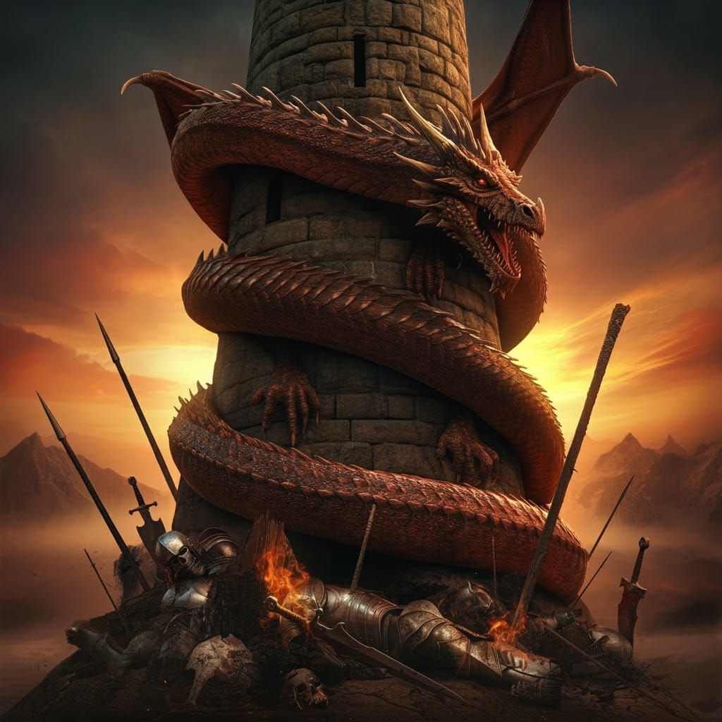 Majestic Dragon Coils Around Tower in Fantasy Artwork