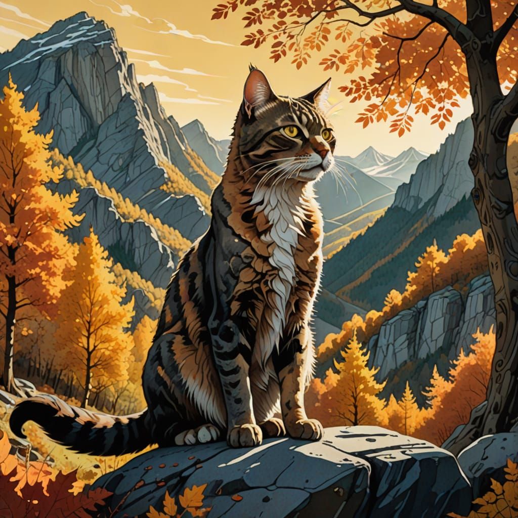 Majestic Cat in Autumnal Mountain Landscape, Fantasy Style
