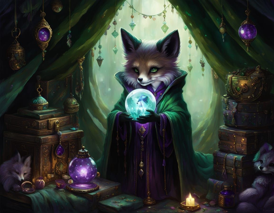 Chibi Fox Fortune Teller Gazing into Crystal Orb